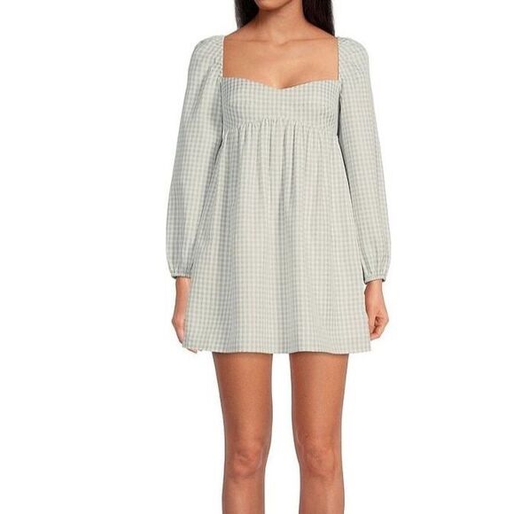 Gianni Bini Dresses & Skirts - Gianni Bini Gingham Babydoll Dress Green & Ivory Long Sleeve Sz 12 NWT Kennedy